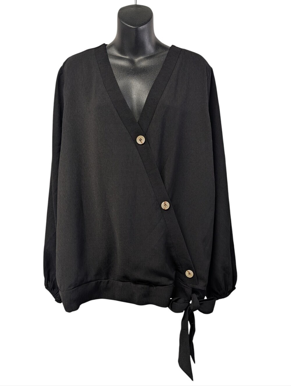 Merokeety Black Wrap Tie Waist V-Neck Button Blouse Top XXL